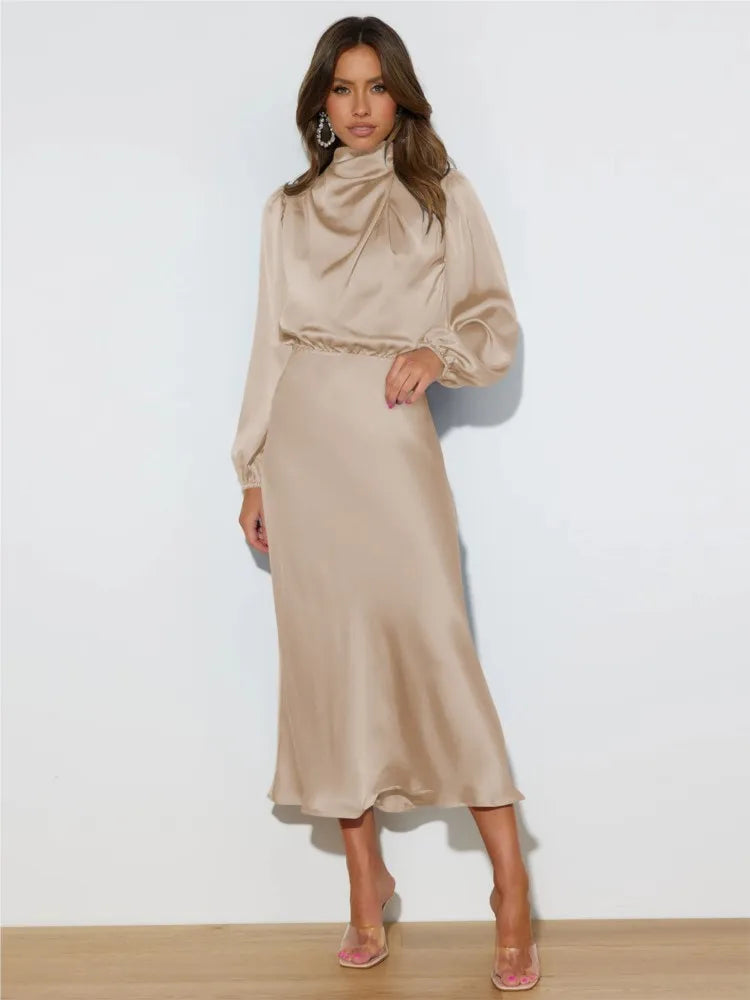 Vestido midi mujer Cuello alto Mangas largas