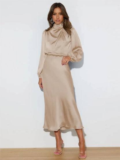 Vestido midi mujer Cuello alto Mangas largas