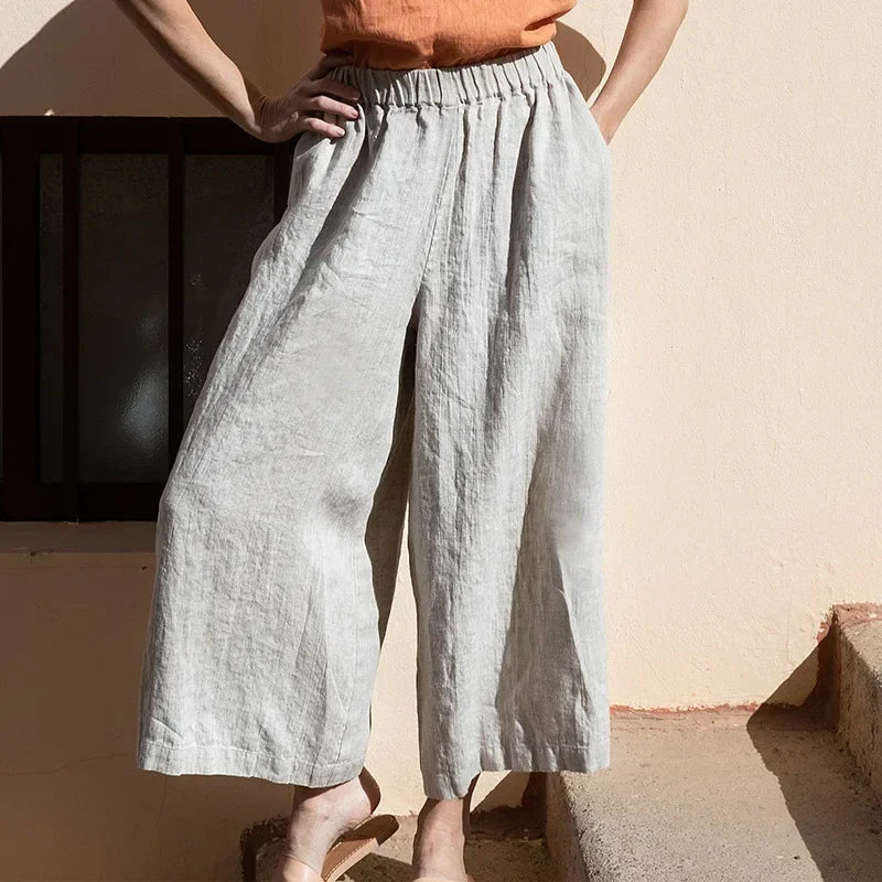 Pantalones Mujer de Lino Pierna Ancha Cintura Elástica Corte Tobillo