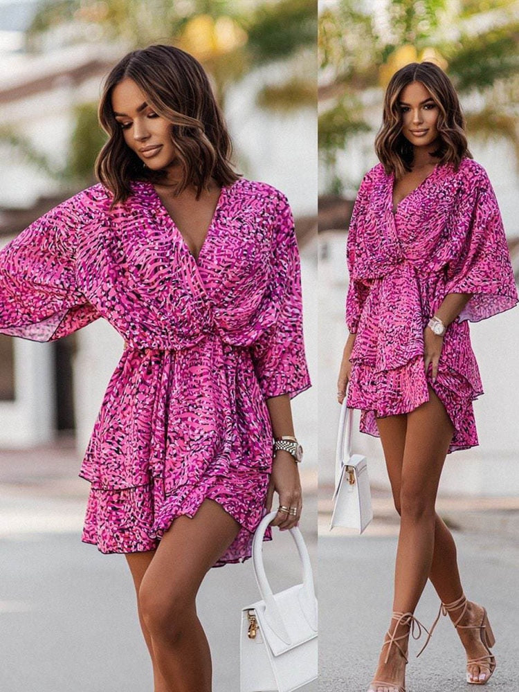 Vestido mini mujer Estampado floral Escote en V Mangas largas