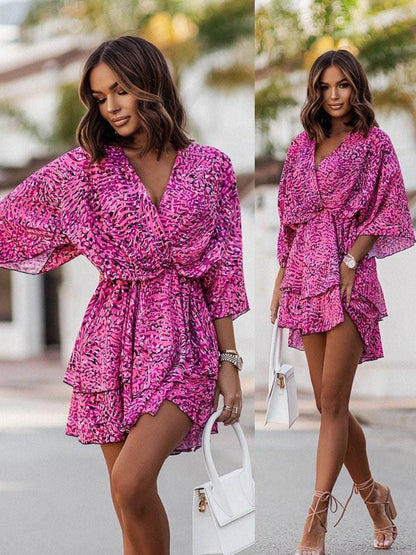 Vestido mini mujer Estampado floral Escote en V Mangas largas