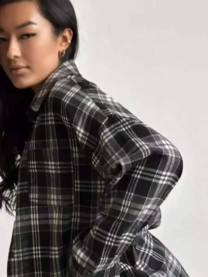 Camisa mujer de franela cuadros manga larga botones bolsillos