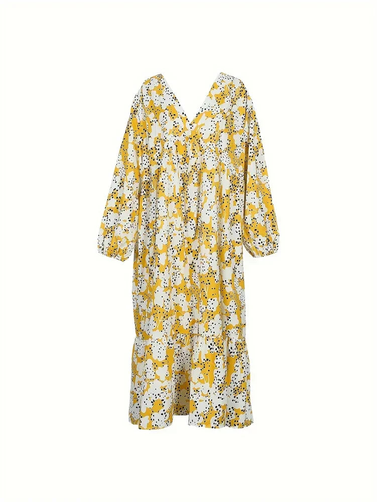 Vestido maxi mujer con escote en V y tejido estampado