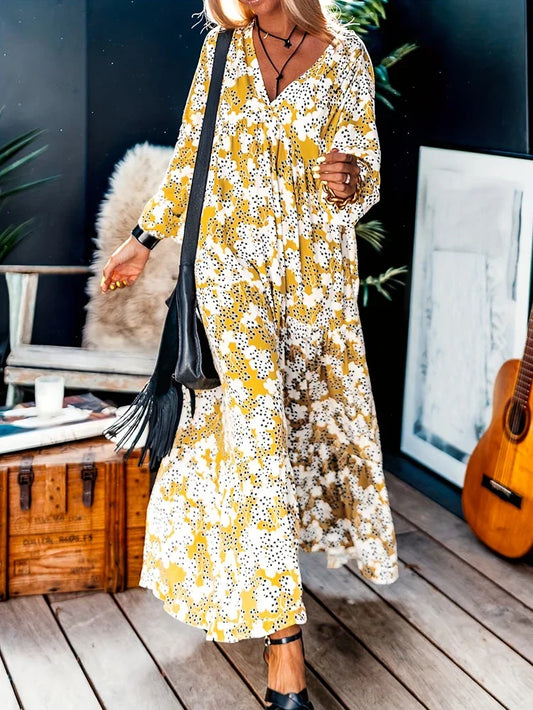 Vestido maxi mujer con escote en V y tejido estampado - Mavetta
