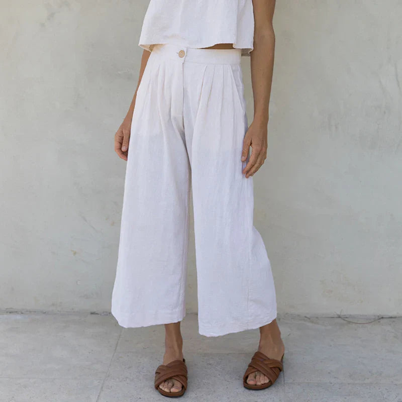 Culottes Mujer de Lino Talle Alto y Pliegues Frontales