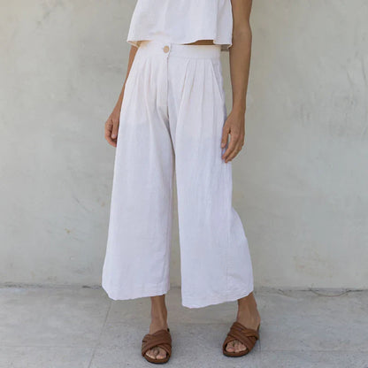 Culottes Mujer de Lino Talle Alto y Pliegues Frontales