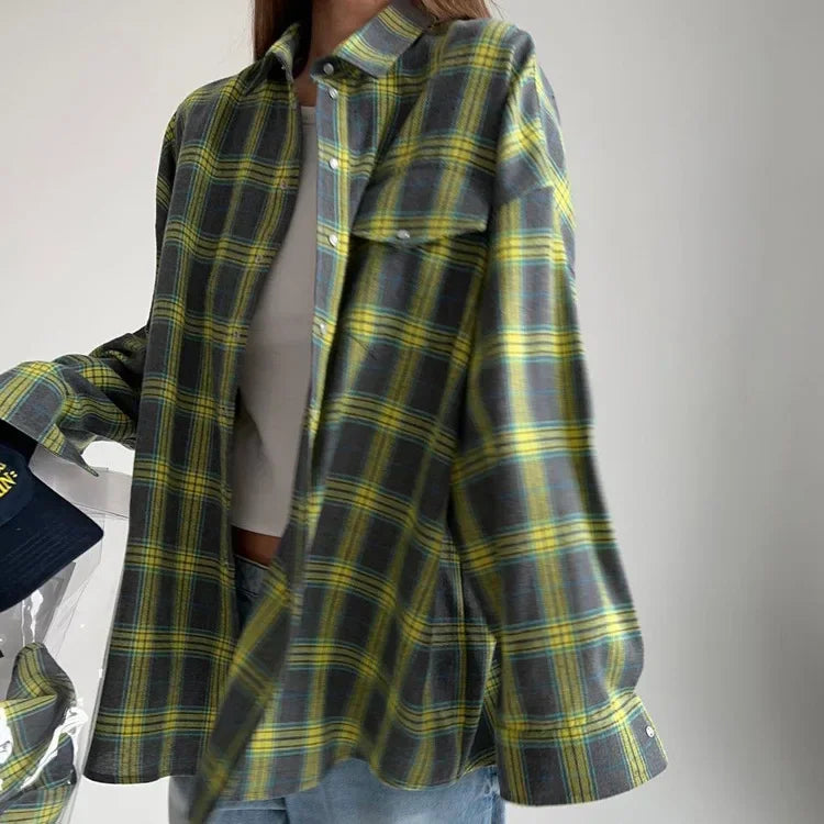 Camisa mujer de franela cuadros manga larga botones bolsillos
