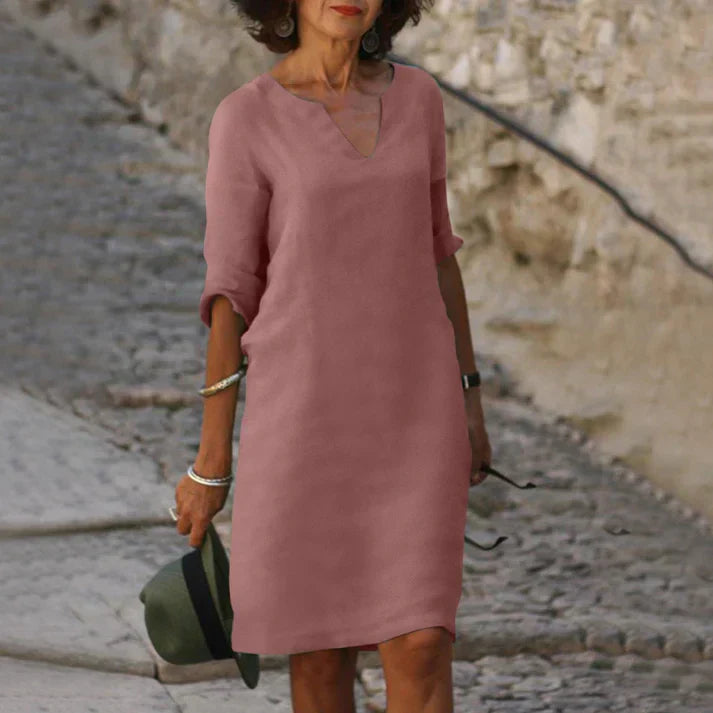 Vestido midi mujer con escote en V y manga larga elegante - Mavetta