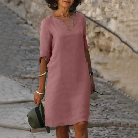 Vestido midi mujer con escote en V y manga larga elegante - Mavetta