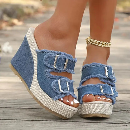 Sandalias Mujer Cuña Piel Hebillas Estilo Vaquero