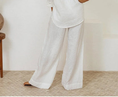 Pantalones Mujer de Lino Pierna Ancha Cintura Elástica Lazo