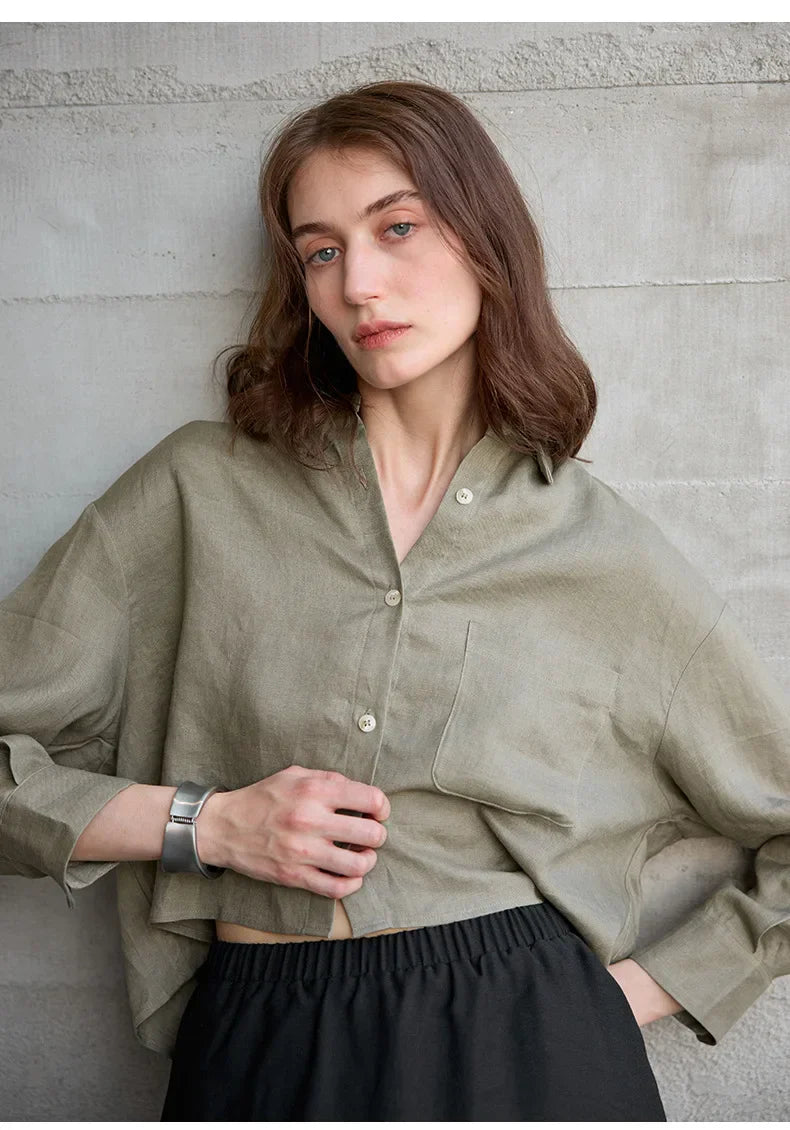 Sobrecamisa Mujer de Lino Corte Oversize Cuello en V y Botones