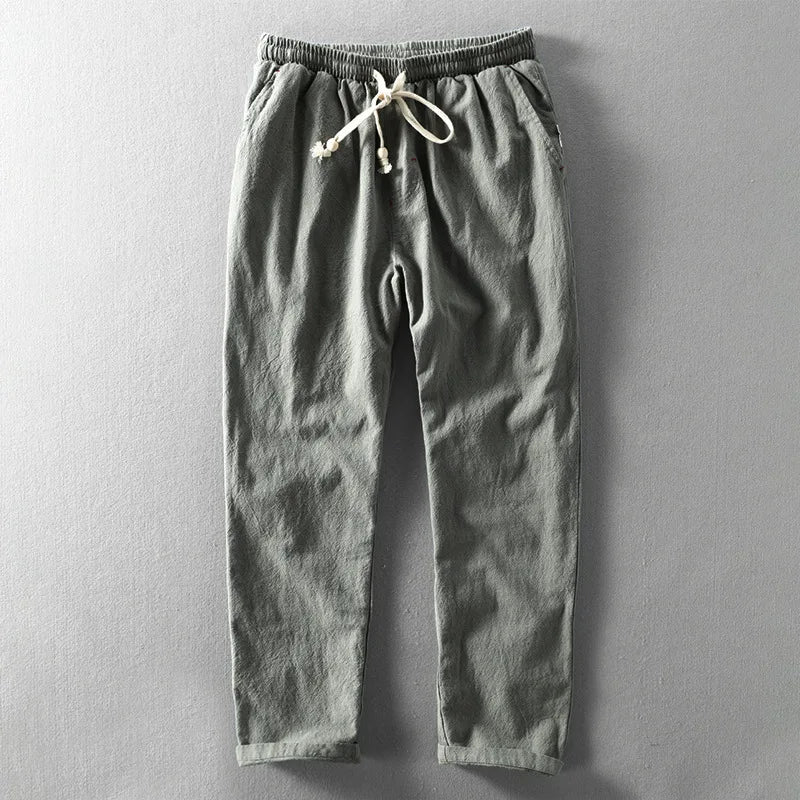 Pantalones Hombre de Lino Corte Recto Cintura Elástica Ajustable