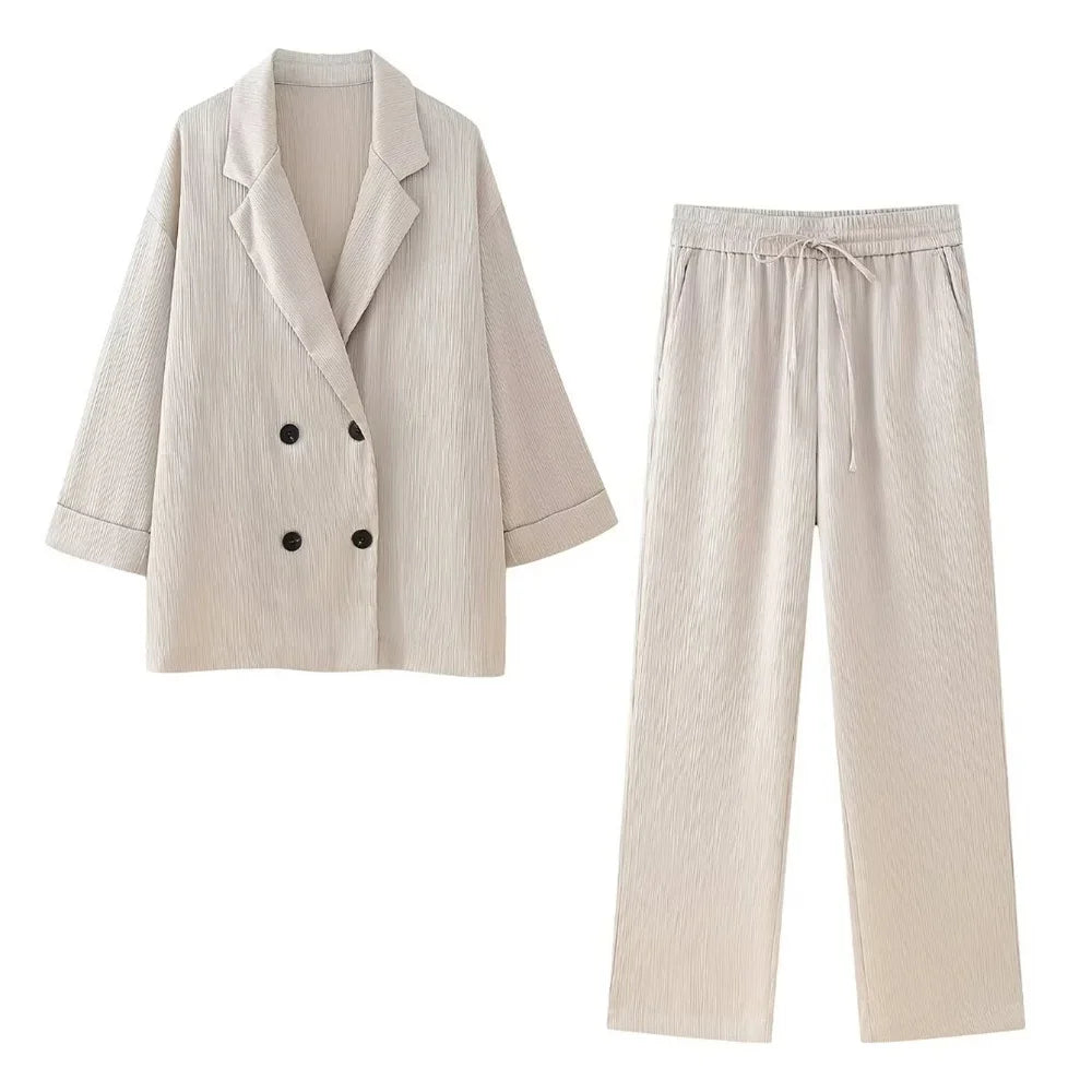 Conjunto Mujer Blazer Cruzado y Pantalón Palazzo Fluido