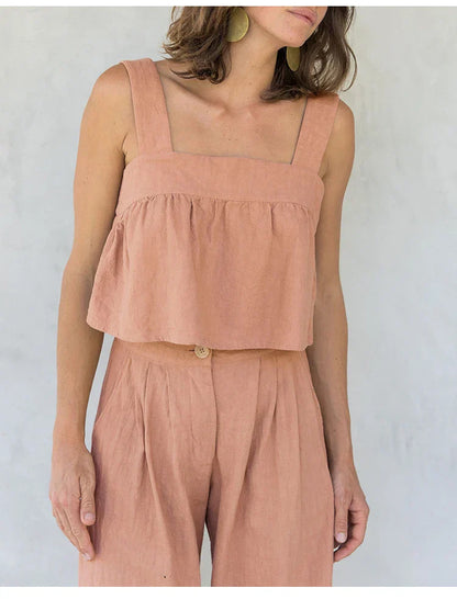 Culottes Mujer de Lino Talle Alto y Pliegues Frontales