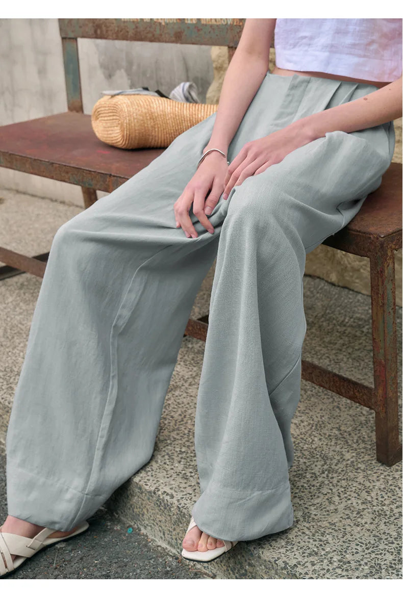 Pantalones Mujer de Lino Pierna Ancha Cintura Alta Elástica