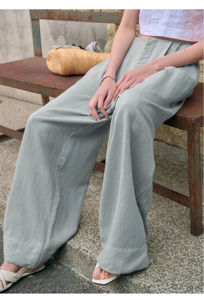 Pantalones Mujer de Lino Pierna Ancha Cintura Alta Elástica