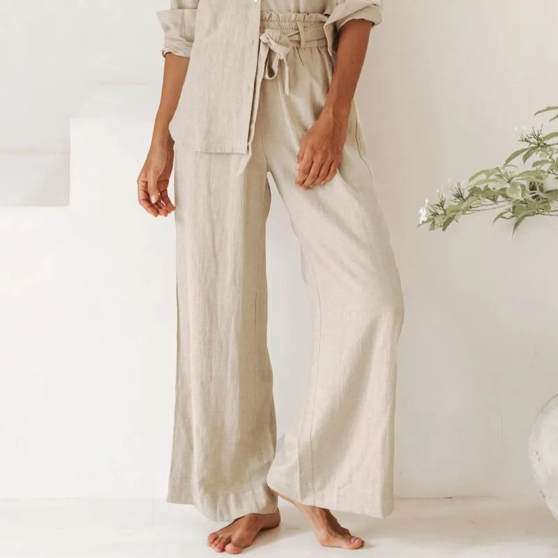 Pantalones Mujer de Lino Pierna Ancha Cintura Elástica Lazo