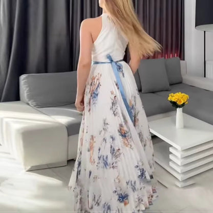 Vestido Largo Mujer Plisado Floral Escote en V