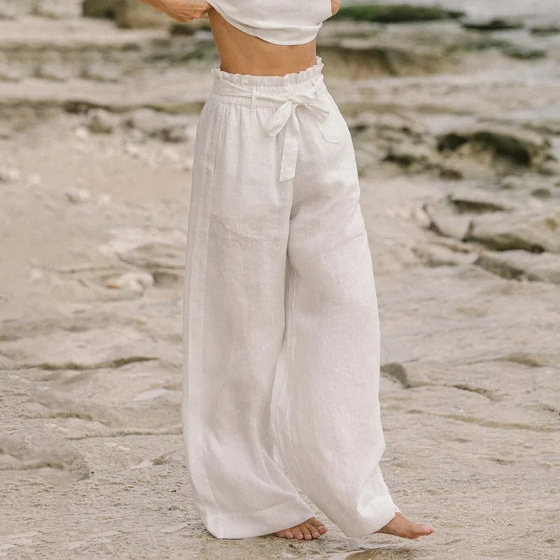 Pantalones Mujer de Lino Pierna Ancha Cintura Elástica Lazo