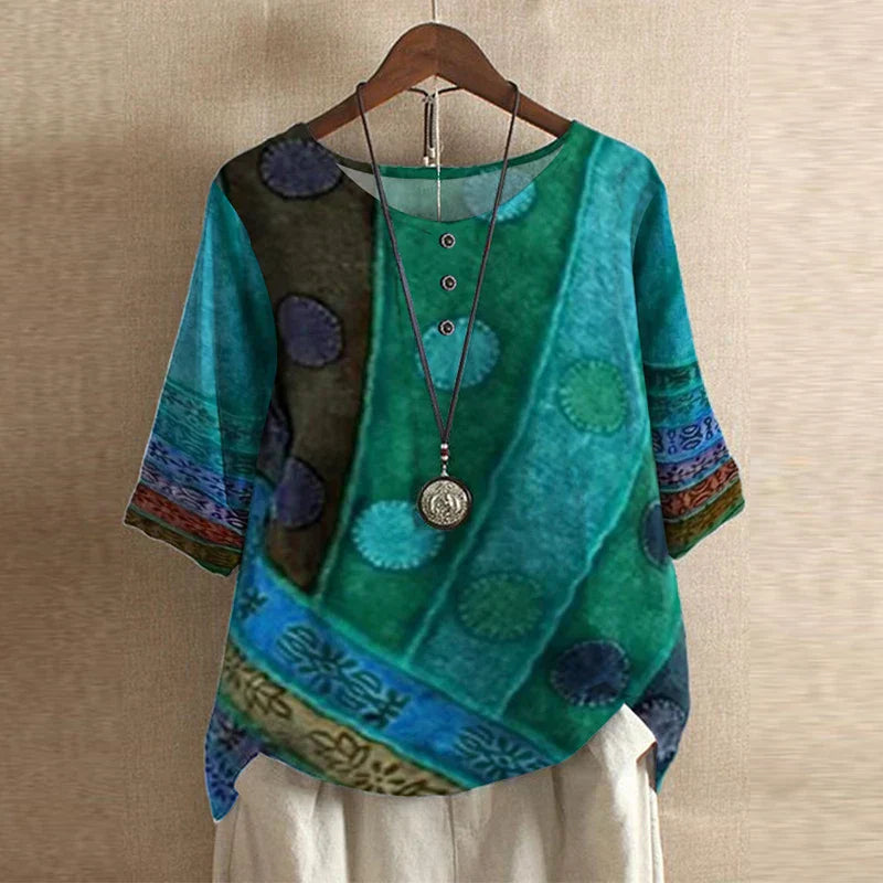Blusa Mujer Estampada Cuello Redondo Botones Ajuste Retro