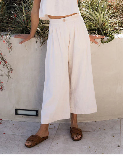 Culottes Mujer de Lino Talle Alto y Pliegues Frontales