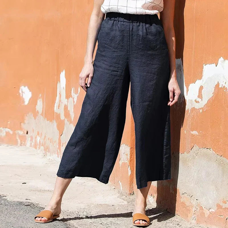 Pantalones Mujer de Lino Pierna Ancha Cintura Elástica Corte Tobillo