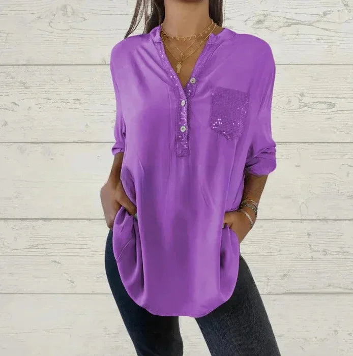 Blusa mujer casual con botones y detalles de lentejuelas