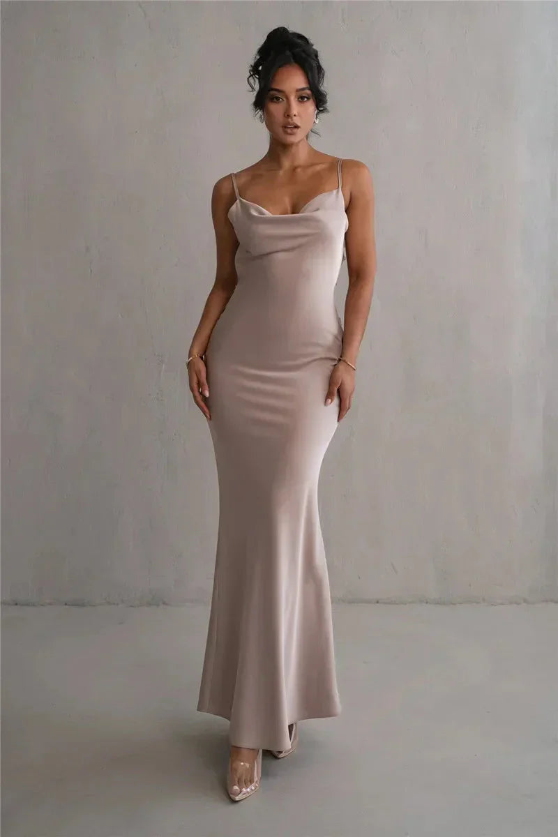 Vestido maxi mujer de satén con cuello cascada