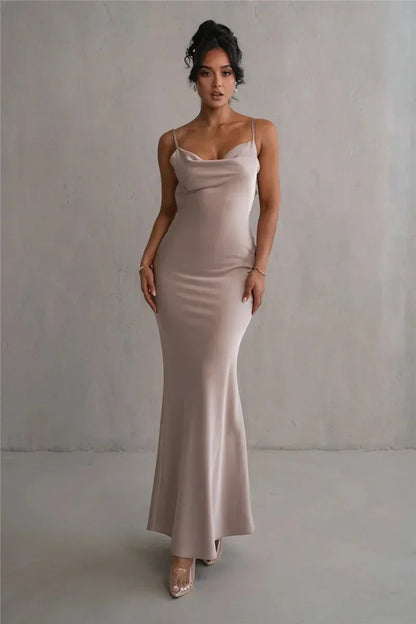 Vestido maxi mujer de satén con cuello cascada