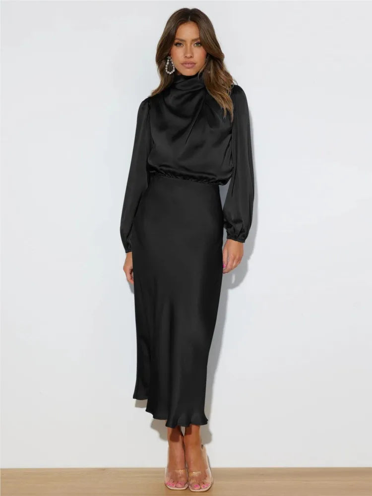 Vestido midi mujer Cuello alto Mangas largas