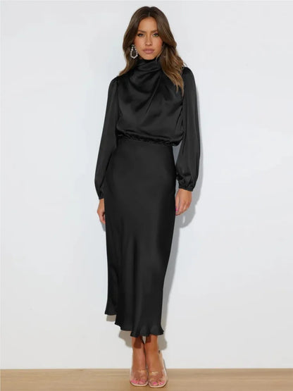 Vestido midi mujer Cuello alto Mangas largas