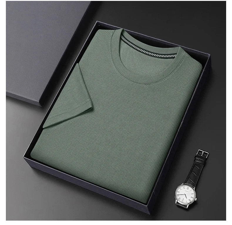 Camiseta Hombre de Punto Waffle Cuello Redondo Manga Corta