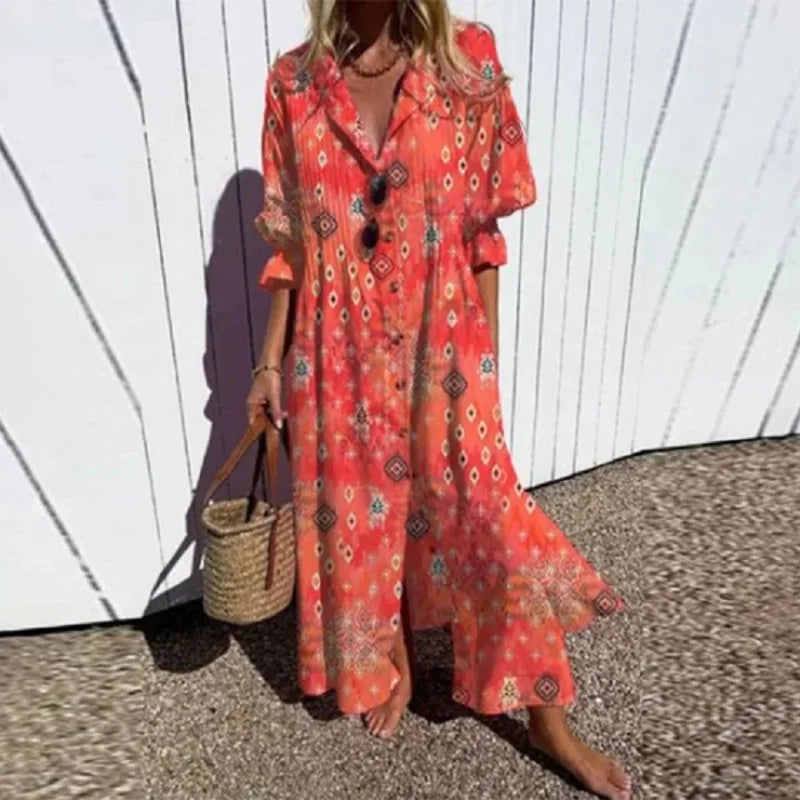 Vestido largo mujer de tela bohemia con mangas largas