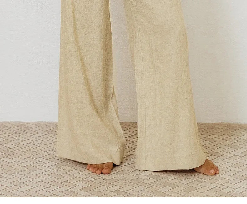 Pantalones Mujer de Lino Pierna Ancha Cintura Elástica Lazo
