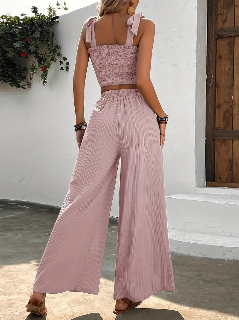 Conjunto Mujer Veraniego Fruncido y Pantalón Ancho