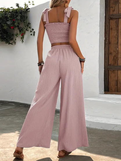Conjunto Mujer Veraniego Fruncido y Pantalón Ancho