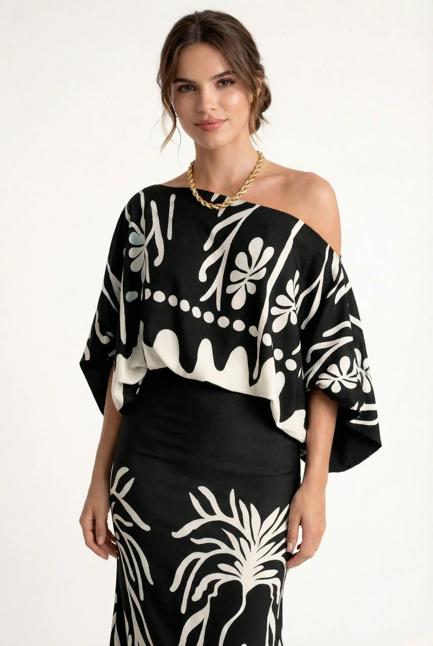 Conjunto Mujer Blusa y Falda Larga Estampada Dos Piezas