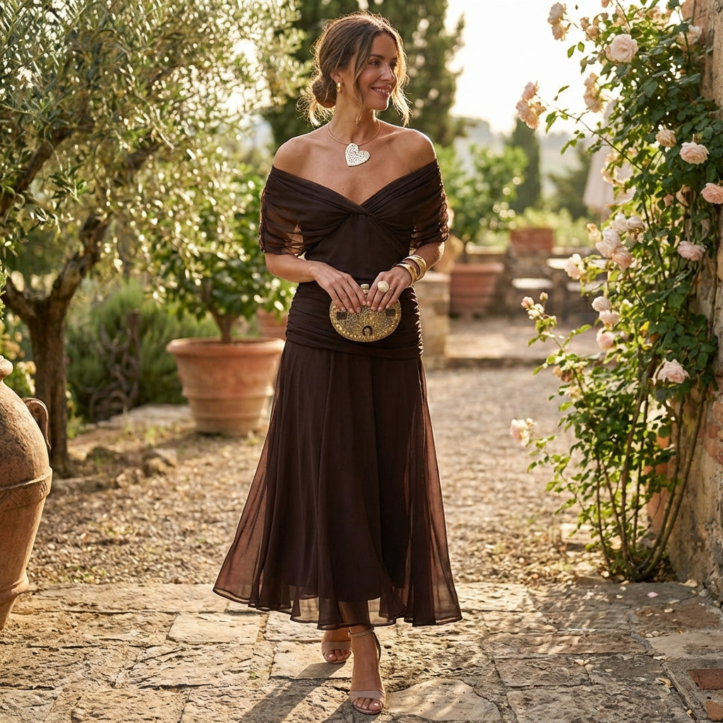 Vestido Maxi Mujer Drapeado Hombros Caídos
