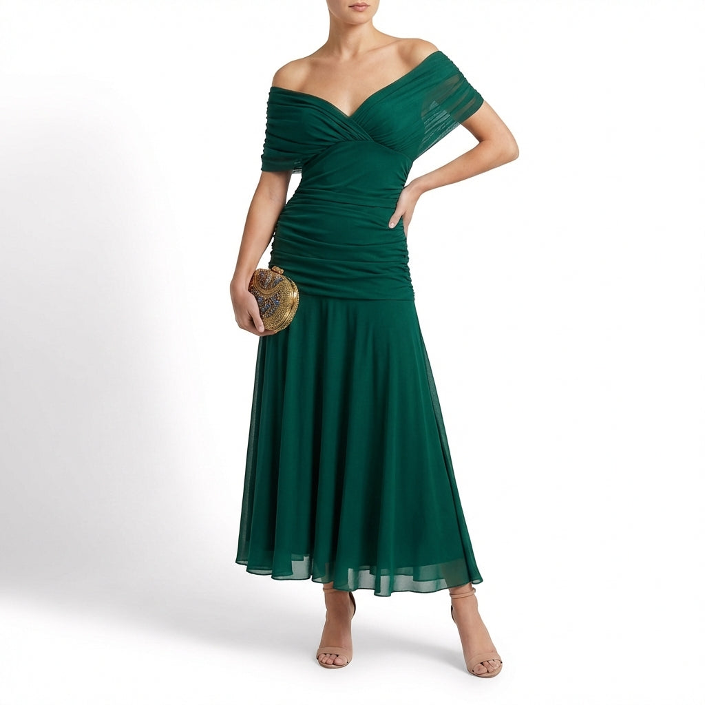 Vestido Maxi Mujer Drapeado Hombros Caídos