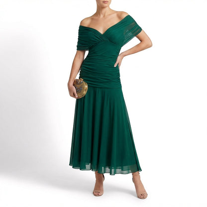 Vestido Maxi Mujer Drapeado Hombros Caídos