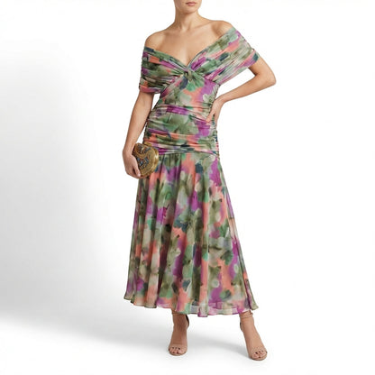 Vestido Maxi Mujer Drapeado Hombros Caídos