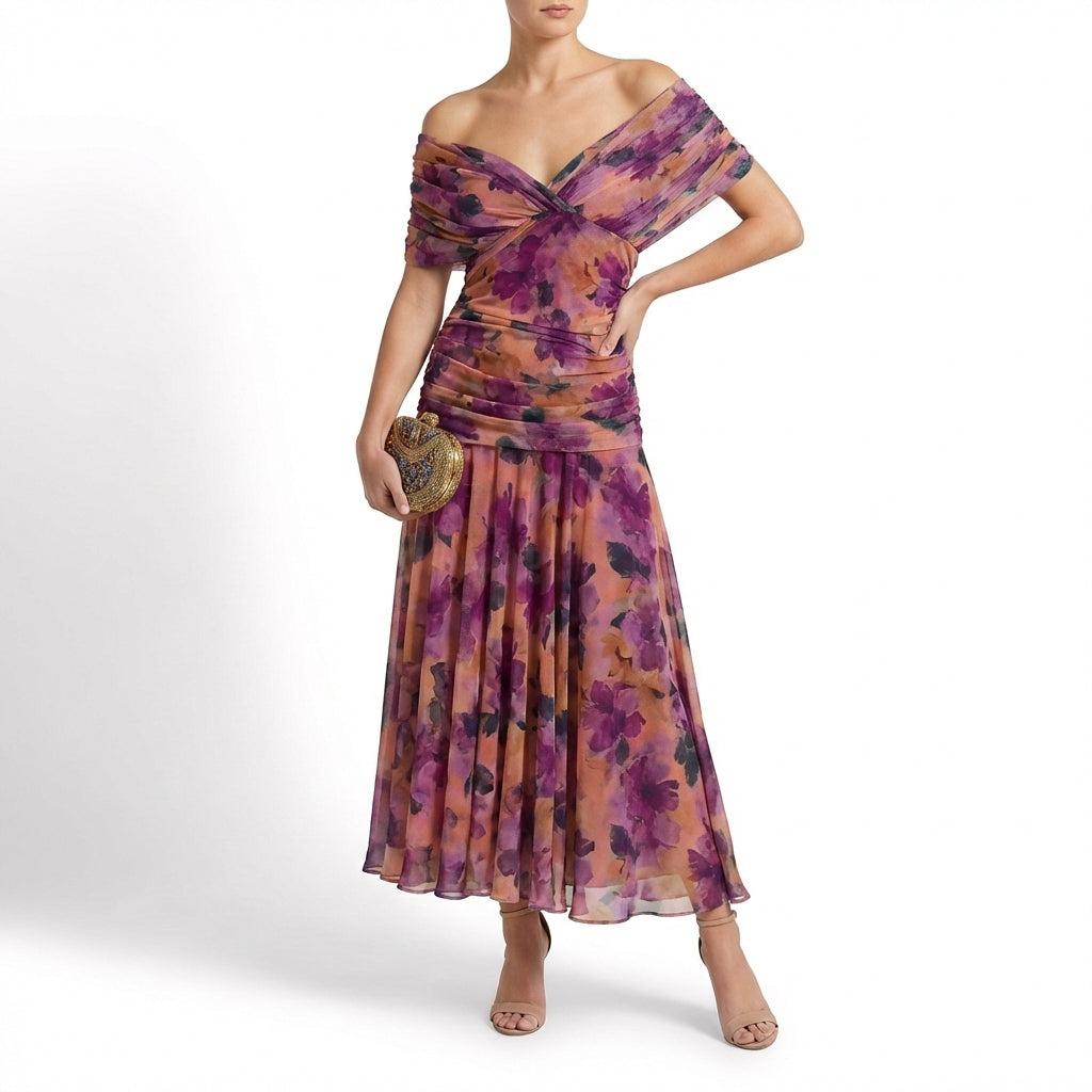 Vestido Maxi Mujer Drapeado Hombros Caídos