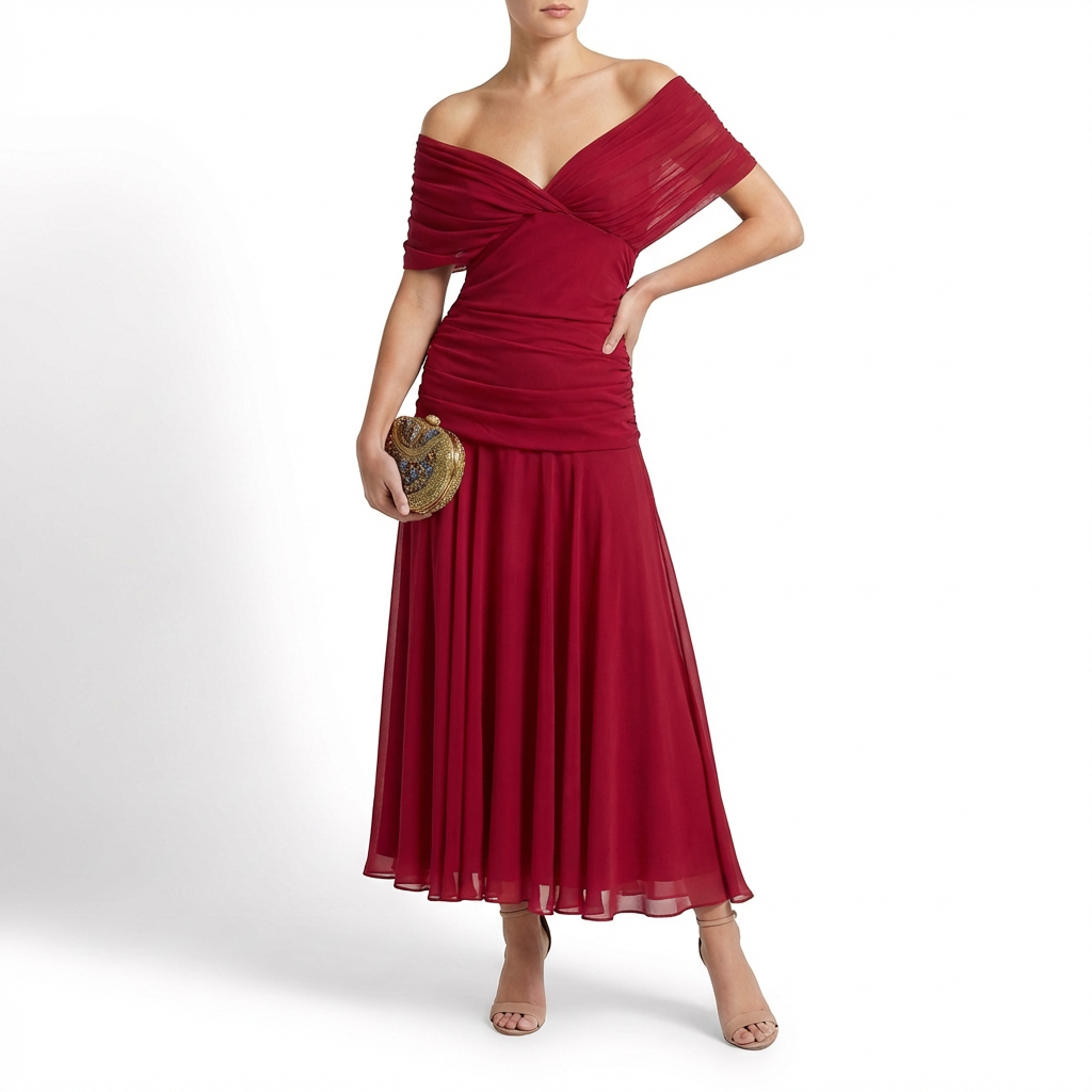 Vestido Maxi Mujer Drapeado Hombros Caídos
