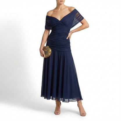 Vestido Maxi Mujer Drapeado Hombros Caídos