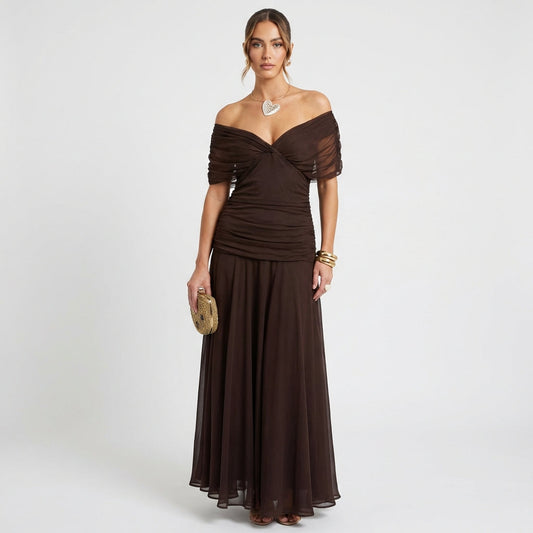 Vestido Maxi Mujer Drapeado Hombros Caídos - Mavetta