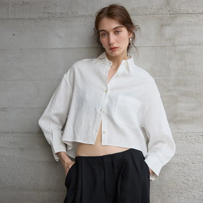 Sobrecamisa Mujer de Lino Corte Oversize Cuello en V y Botones