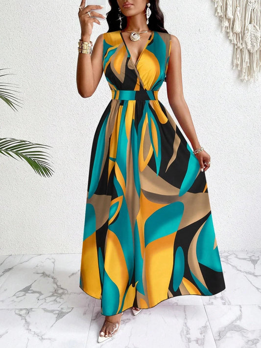 Vestido maxi mujer con cuello en V y estampado abstracto - Mavetta