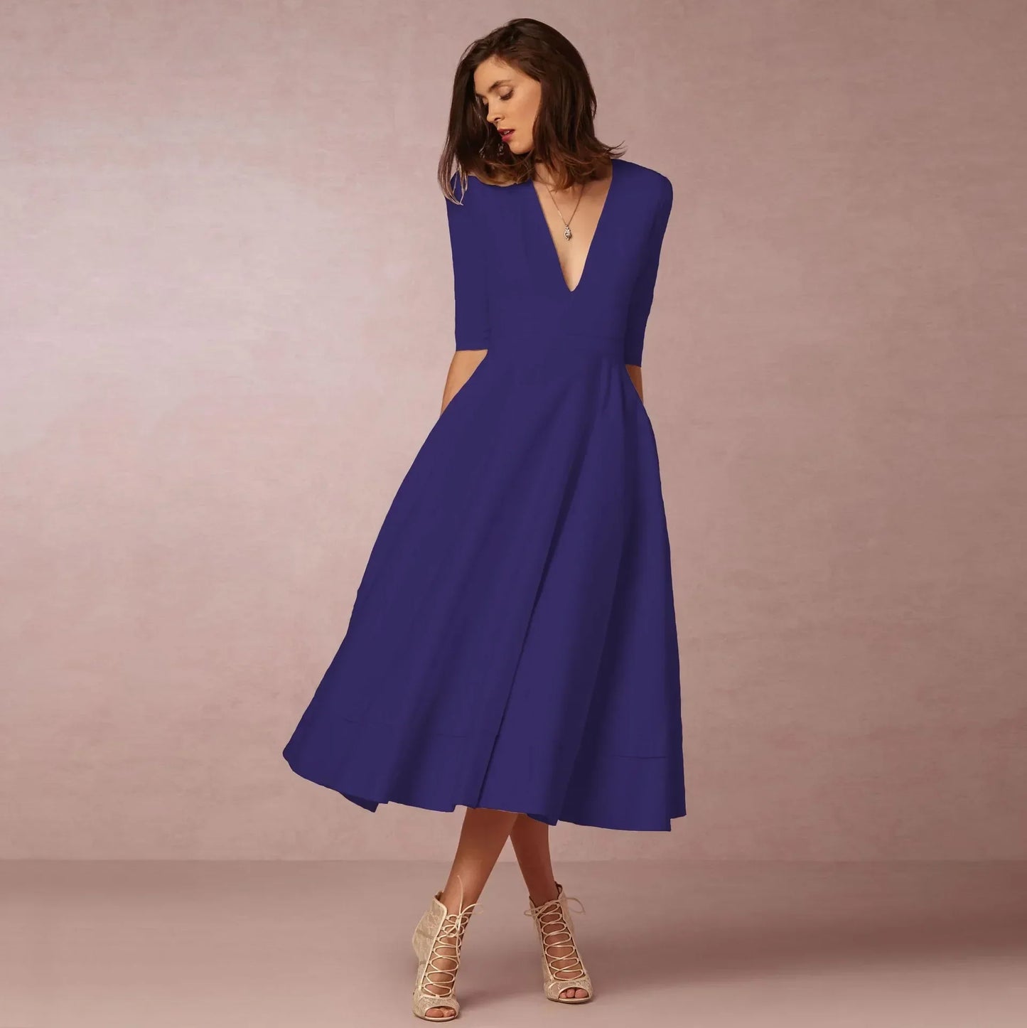 Vestido midi mujer Escote en V Mangas al Codo