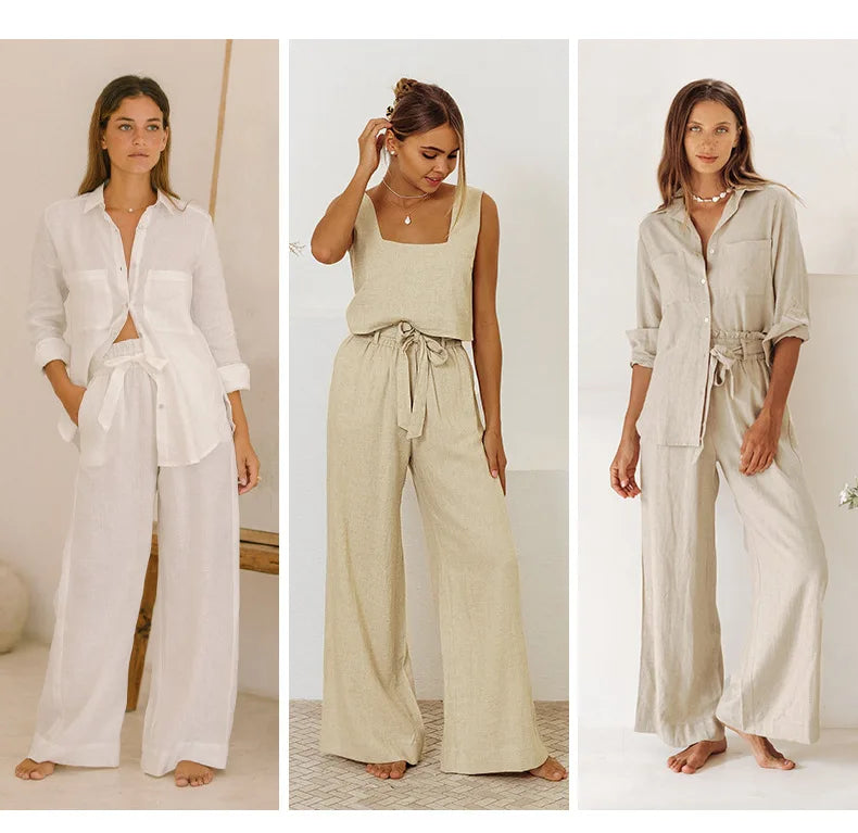Pantalones Mujer de Lino Pierna Ancha Cintura Elástica Lazo
